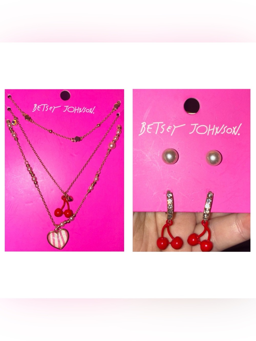 BETSEY JOHNSON SET Cherries & Striped Heart Necklace & 2 Pair Earrings NEW NWT